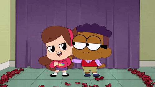 Boy And Girl In Front Of Purple Curtain GIF