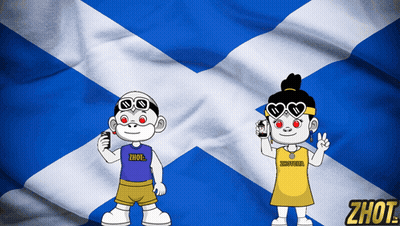 Boy And Girl In Front Of Scottish Flag Wearing Zhot Shirts GIF