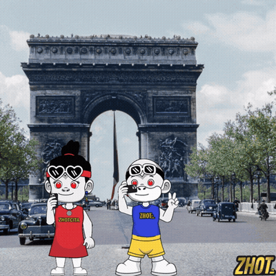 Boy And Girl In Front Of Triumphal Arch With Word Zhout GIF