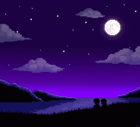 Boy And Girl On Riverbank On Starry Night GIF