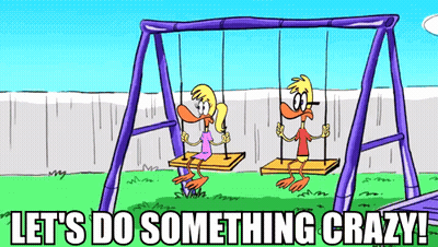 Boy And Girl On Swings Saying Let's Do Something Crazy GIF