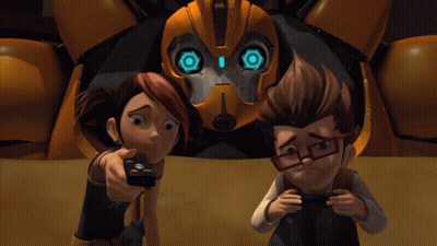 Boy And Girl Playing Video Game With Robot GIF