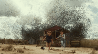 Boy And Girl Running In Front Of Bird Covered House GIF