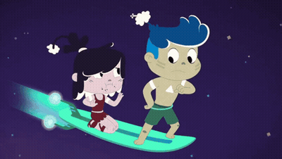 Boy And Girl Surfing In Space GIF