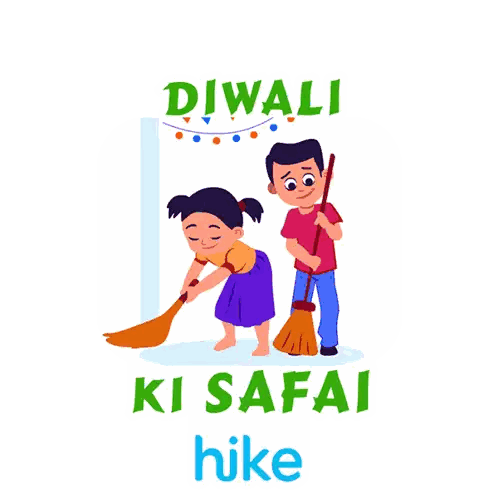 Boy And Girl Sweeping Diwali Cleanup Sticker
