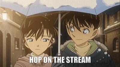 Boy And Girl Under Umbrella Saying Hop On The Stream GIF
