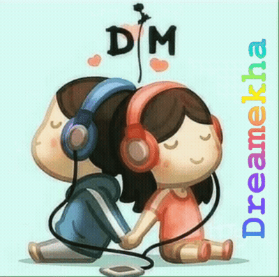 Boy And Girl Wearing Headphones With Letters D And M GIF