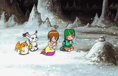 Boy And Girls Kneeling In Snow With Snowman GIF