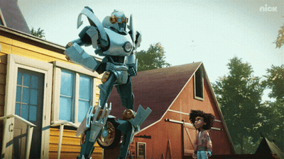 Boy And Robot In Front Of Nick Building GIF