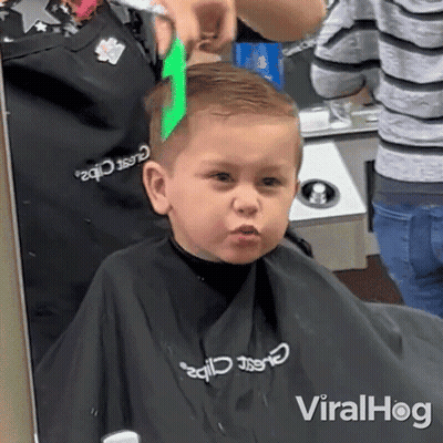 Boy Getting Haircut From Barber In Classic Clips Apron GIF