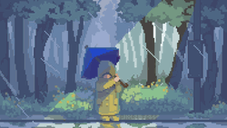 Boy Holding Blue Umbrella On Rainy Day GIF