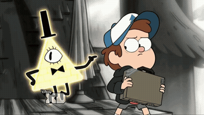 Boy Holding Briefcase Beside Triangle With Eye And Letter T GIF