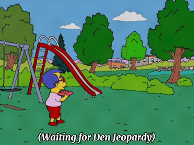 Boy Holding Frisbee Near Slide With Waiting For Den Jeopardy GIF