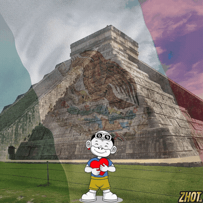 Boy Holding Heart In Front Of Pyramid With Zhot Logo GIF