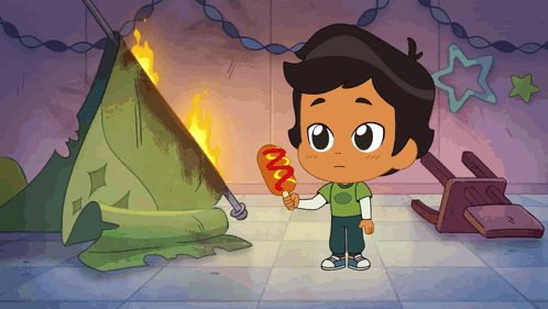 Boy Holding Hot Dog In Front Of Tent On Fire GIF