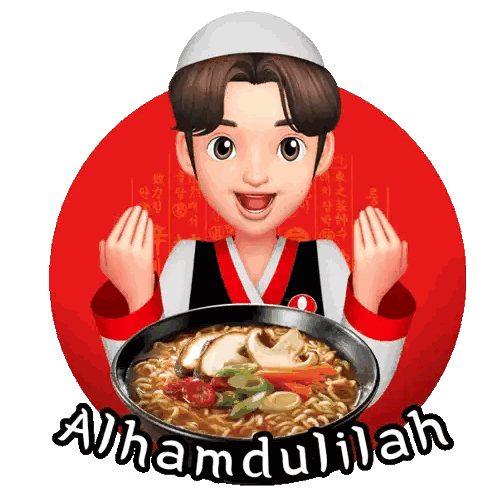 Boy Holding Noodles With Alhamdulillah Sticker