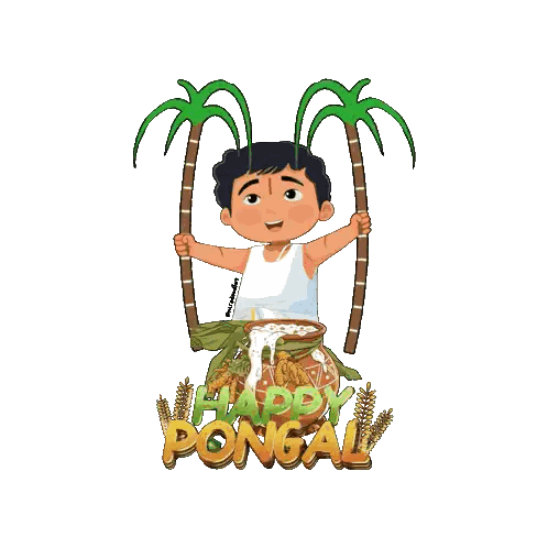 Boy Holding Palm Trees And Food With Happy Pongal Sticker