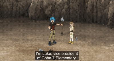 Boy Holding Shovel Saying I'm Luke Vice President Of Goha 7 Elementary GIF