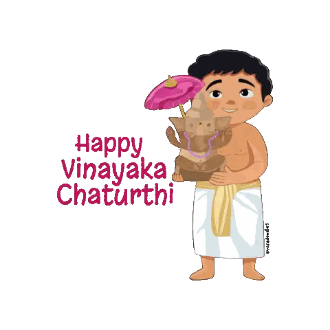 Boy Holding Statue And Umbrella Happy Vinayaka Chaturthi Sticker