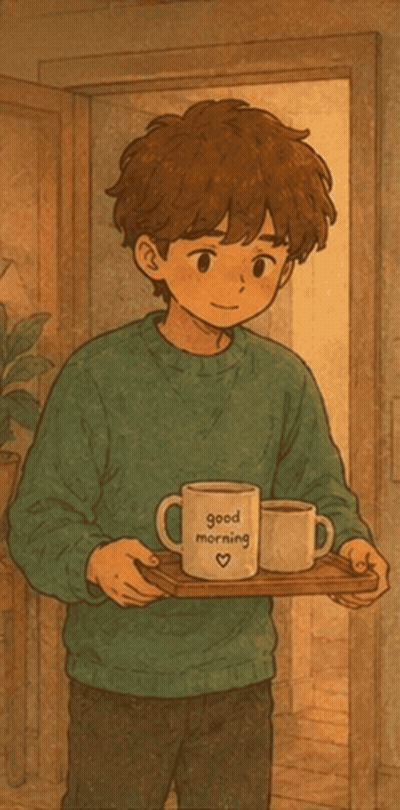 Boy Holding Tray With Good Morning Coffee Mug GIF