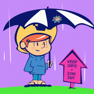 Boy Holding Umbrella Beside Keep Safe Stay Dry Sign GIF