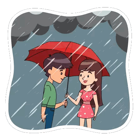 Boy Holding Umbrella Over Woman In Rain Sticker