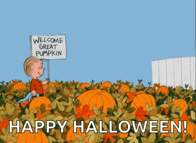 Boy Holding Welcome Great Pumpkin Sign GIF