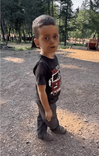 Boy In Black Shirt With Truck Standing In Dirt GIF