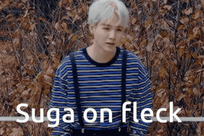 Boy In Blue And Black Striped Shirt With Suspenders Suga On Fleck GIF