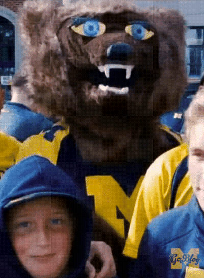 Boy In Blue Hoodie With Letter M Next To Mascot GIF