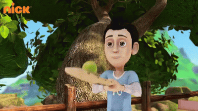 Boy In Blue Shirt Holding Tennis Racket In Front Of Nick Logo GIF