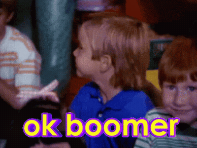 Boy in Blue Shirt Saying Ok Boomer Purple