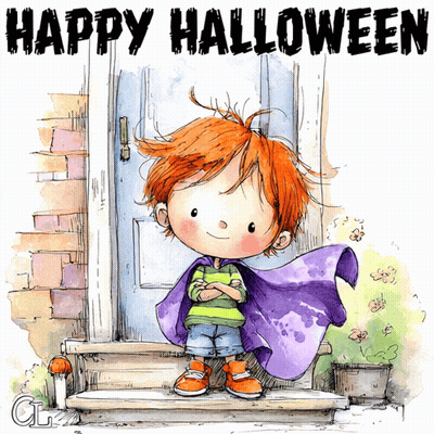 Boy in Cape Standing in Front of Door Saying Happy Halloween
