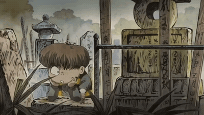 Boy In Cemetery With Chinese Writing GIF