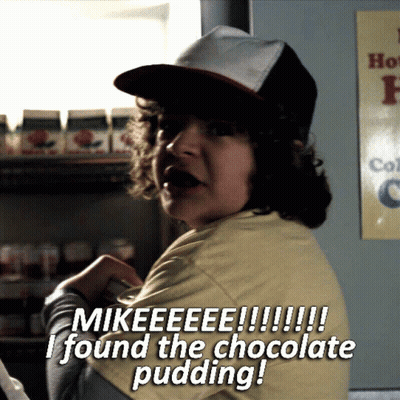 Boy In Hat And Yellow Shirt Says Mikeeee I Found The Chocolate Pudding GIF