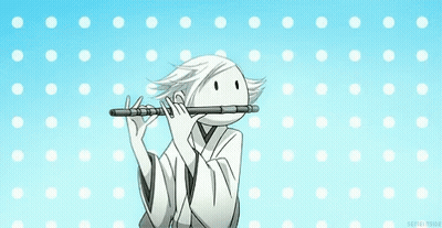 Boy In Kimono Playing Flute On Blue Polka Dot Background GIF