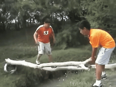 Boy In Orange Shirt 83 Standing Next To Boy On Log GIF