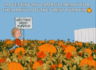 Boy In Pumpkin Field Holding Welcome Great Pumpkin Sign GIF