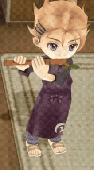 Boy In Purple Apron Holding Wooden Stick GIF