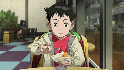 Boy In Red Shirt Eating Ice Cream With Cherry GIF