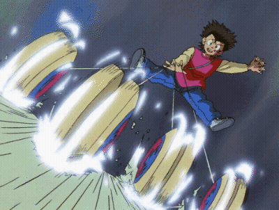 Boy In Red Shirt Flying Through Air Holding Rope GIF