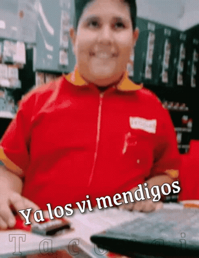 Boy in Red Shirt Saying Ya Los Vi Mendigos