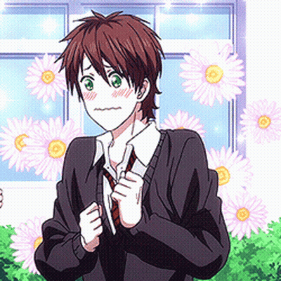 Boy In School Uniform Standing In Front Of Flowers GIF