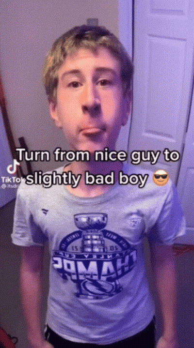 Boy In Shirt Saying Turn From Nice Guy To Slightly Bad Boy GIF