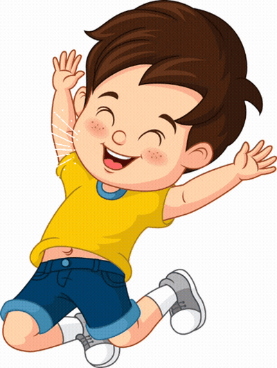 Boy In Yellow Shirt And Blue Shorts Jumping With Arms Outstretched GIF