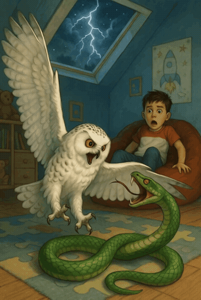 Boy On Bean Bag Chair With Owl And Snake GIF