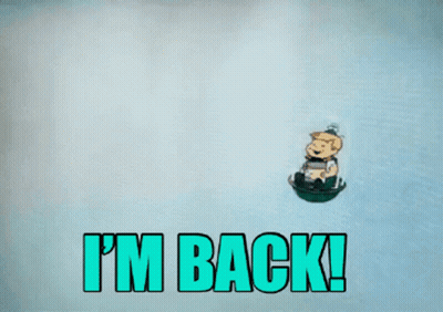 Boy Riding Sled Saying I'm Back GIF