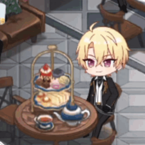 Boy Sitting At Table With Teapot And Desserts GIF