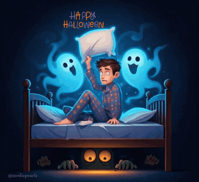 Boy Sitting In Bed With Ghosts Happy Halloween GIF