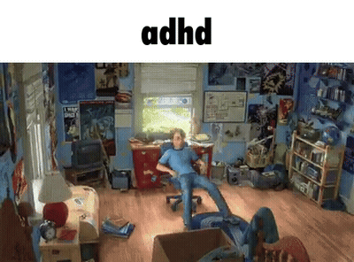 Boy Sitting In Messy Room With ADHD Text GIF